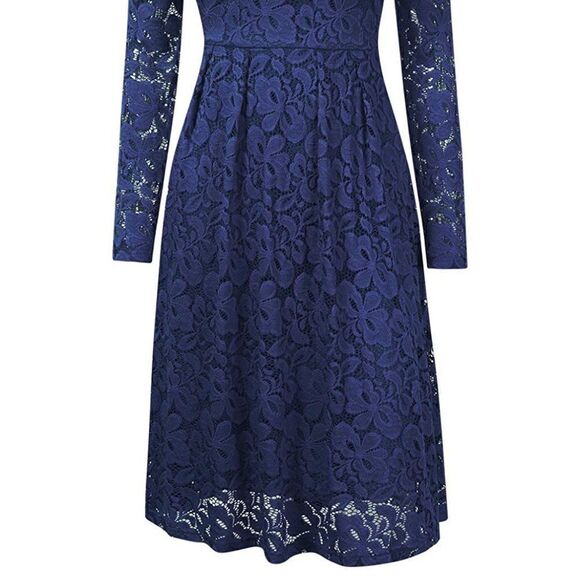 Off Shoulder Lace Retro Pinup Vintage 1950s Long Sleeves Swing Navy Dress L NWT - Picture 2 of 13